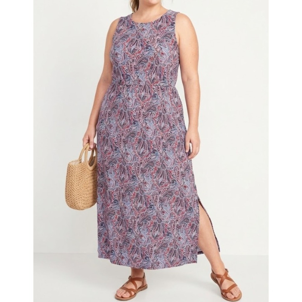 Talbots Maxi Dress 1X Blue Red Paisley Sleeveless Pockets Stretch Knit Vacation